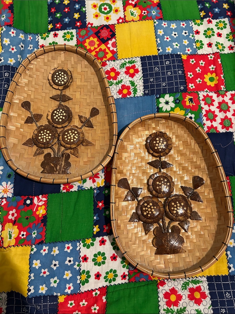 Vintage Bamboo Wall Baskets with Wooden Floral Inlay - Set of 2